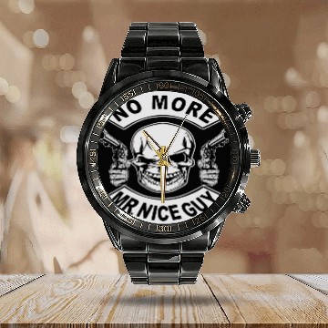 Discover No More Mr Nice Guy Skull ©WhiteTigerLLC.Com Calendar Steel Band Watch