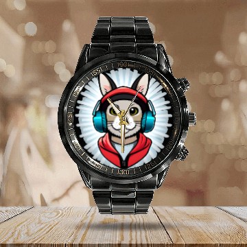 Discover cute rabbit with headphones black Calendar Steel Band Watch