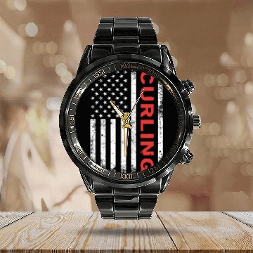 Discover Vintage Curling USA Curling American Flag Calendar Steel Band Watch