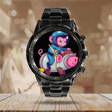 Discover Pig and Monkey as Astronauts Calendar Steel Band Watch