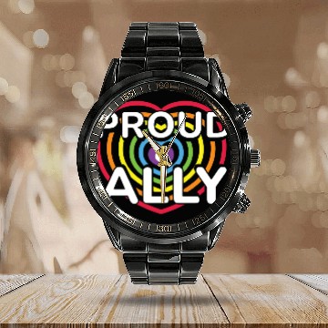 Discover Proud Ally Rainbow Heart LGBTQIA Pride Month v01 Calendar Steel Band Watch