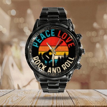 Discover Peace Love & Rock & Roll Guitar Player Guitarist Calendar Steel Band Watch
