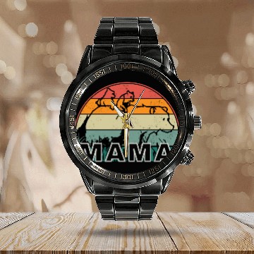 Discover Mama Bear grizzly Retro With Cubs distressed print Calendar Steel Band Watch