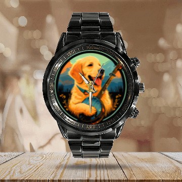 Discover Cute Yellow Lab Puppy Dog Playing Banjo Bluegrass Calendar Steel Band Watch