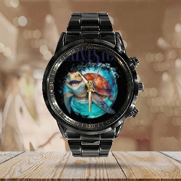 Discover Galveston Texas Watercolor Happy Sea Turtle Calendar Steel Band Watch