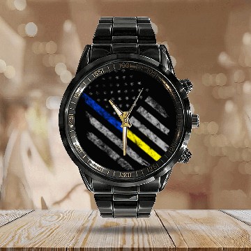 Discover Gold Blue Line 911 Police Dispatcher First Calendar Steel Band Watch