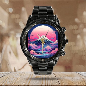 Discover Vaporwave Volcano Aesthetic Japan Sight Mount Fuji Calendar Steel Band Watch