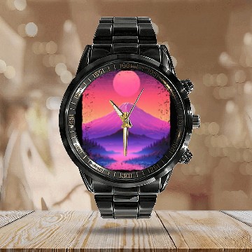Discover Mount Fuji Aesthetic Japan Sight Vaporwave Volcano Calendar Steel Band Watch