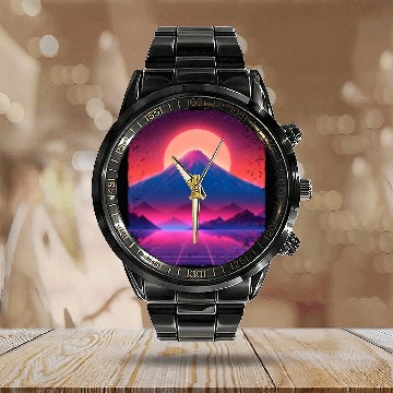 Discover Aesthetic Vaporwave Japan Sight Mount Fuji Volcano Calendar Steel Band Watch