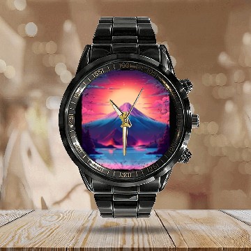 Discover Mount Fuji Sight Aesthetic Japan Vaporwave Volcano Calendar Steel Band Watch