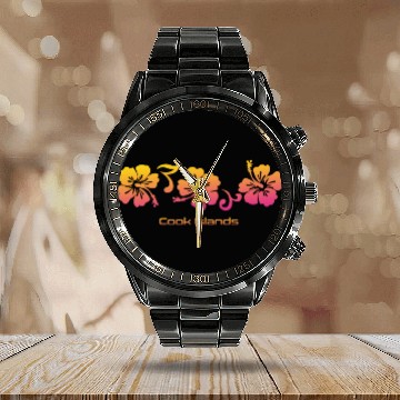Discover Cook Islands Hibiscus Souvenir Vacation Calendar Steel Band Watch