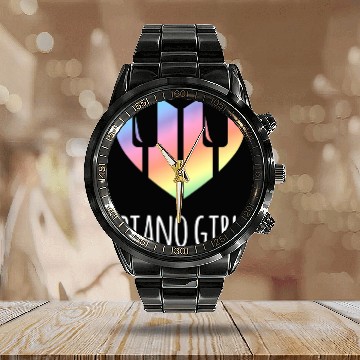 Discover Piano Girl with Rainbow Heart Calendar Steel Band Watch