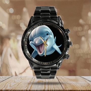 Discover Sunny Delphinia: Joyful Dolphin's Paradise Calendar Steel Band Watch