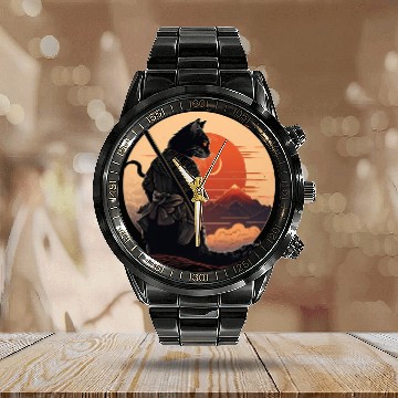 Discover Vintage Japanese Sunset Style And Samurai Cat Kitt Calendar Steel Band Watch