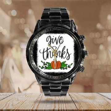 Discover Give Thanks Pumpkin Harvest Fall Autumn Calendar Steel Band Watch