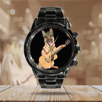 Discover Dog playing the acoustic guitar - German Shepherd Calendar Steel Band Watch