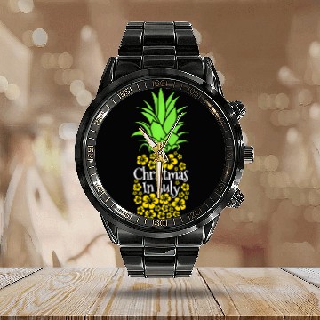 Discover Christmas In July Funny Summer Vacation Pineapple Calendar Steel Band Watch