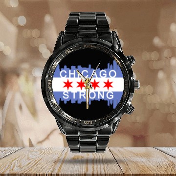 Discover Chicago Strong Chitown City yline Flag Calendar Steel Band Watch