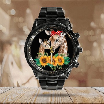 Discover Giraffe Mom Baby Animals Sunflower African Calendar Steel Band Watch