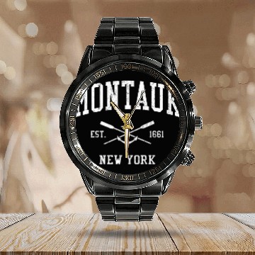 Discover Montauk Ny Crossed Oars Boat Anchor Sports Calendar Steel Band Watch