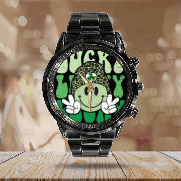 Discover St Patric Day Lucky Shamrock Smile Face Calendar Steel Band Watch