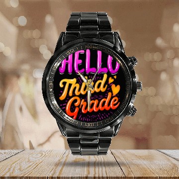 Discover Hello third grade hear teacher student back to Calendar Steel Band Watch