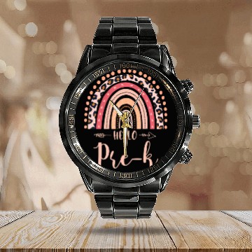 Discover Back To School Hello PreK Teacher Leopard Rainbow Calendar Steel Band Watch