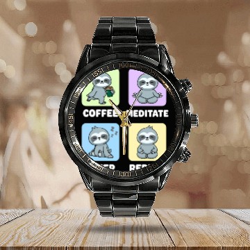 Discover Sloth Coffee Meditate Sleep Repeat Kawaii Calendar Steel Band Watch
