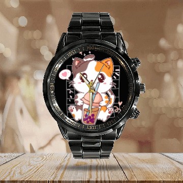 Discover Cat Boba Tea Bubble Tea Kawaii Anime Japanese Calendar Steel Band Watch