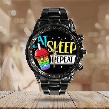 Discover Eat Sleep Boba Tea Repeat Bubble Tea Lover Drinker Calendar Steel Band Watch