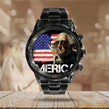 Discover Merica George Washington Independence Day USA Calendar Steel Band Watch