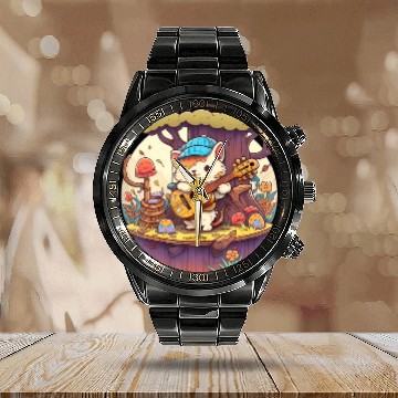 Discover Cute Kawaii Cat Playing Guitar Banjo On Log Calendar Steel Band Watch
