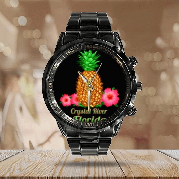 Discover I Love Crystal River Florida Fl Pineapple Floral Calendar Steel Band Watch