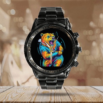 Discover Golfer Grizzly Bear Golf Club Golfing Golf Player Calendar Steel Band Watch