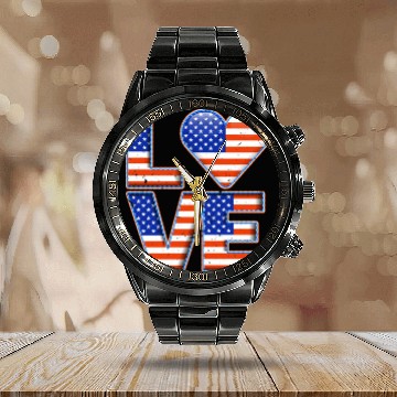 Discover LOVE America Patriotism USA Independence Day Calendar Steel Band Watch