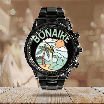 Discover Bonaire Travel Tropical Beach Vacation Calendar Steel Band Watch