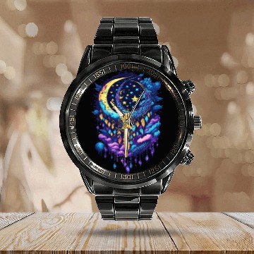 Discover Dreamcatcher Moon and Clouds Calendar Steel Band Watch