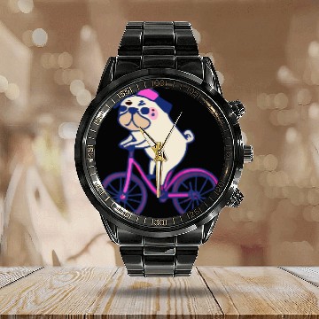 Discover Pug Bicycle Dog Lover Puppy Calendar Steel Band Watch