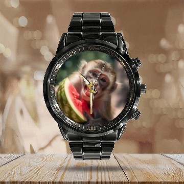 Discover Summer cute monkey eating watermelon Calendar Steel Band Watch