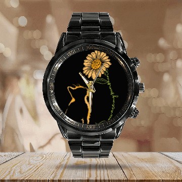 Discover Cute cat with sunflower Calendar Steel Band Watch