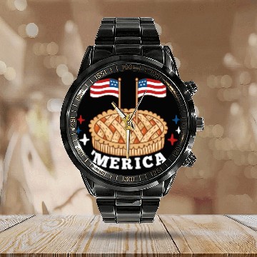 Discover American Flag USA Apple Pie Merica 4th of July Calendar Steel Band Watch