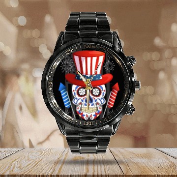 Discover Independence Day Firecracker Skull USA Party Calendar Steel Band Watch
