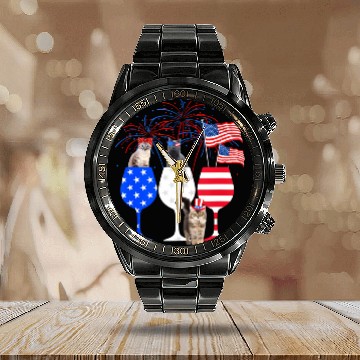 Discover Cat 4Th Of July Red White Blue Wine Calendar Steel Band Watch