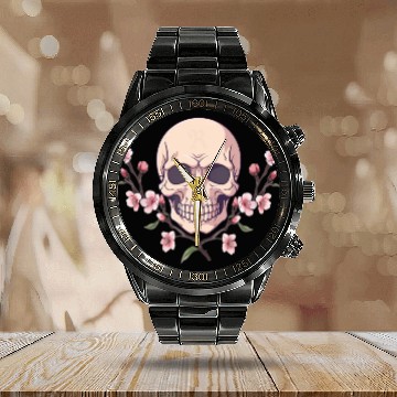 Discover Anime style Skull with cherry blossom branches Calendar Steel Band Watch