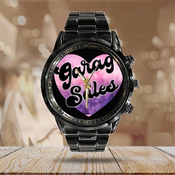 Discover Garage Sales purple pink watercolor heart Calendar Steel Band Watch