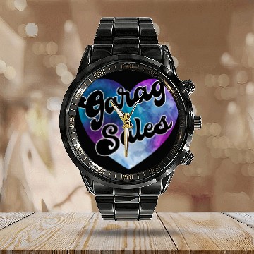 Discover Garage Sales purple blue watercolor heart Calendar Steel Band Watch