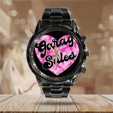 Discover Garage Sales pink camo heart Calendar Steel Band Watch
