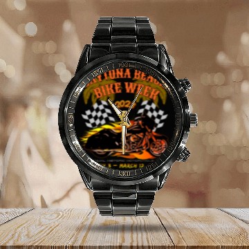 Discover Daytona Beach Bike Week 2023 Checkered Flag Front Calendar Steel Band Watch