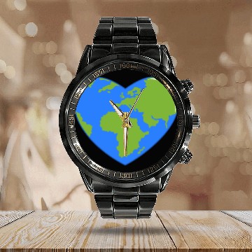 Discover Earth Day World Map as Love Heart Calendar Steel Band Watch
