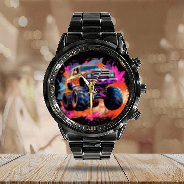 Discover Monster Truck Big Retro Race Dad Trucker Lover Calendar Steel Band Watch